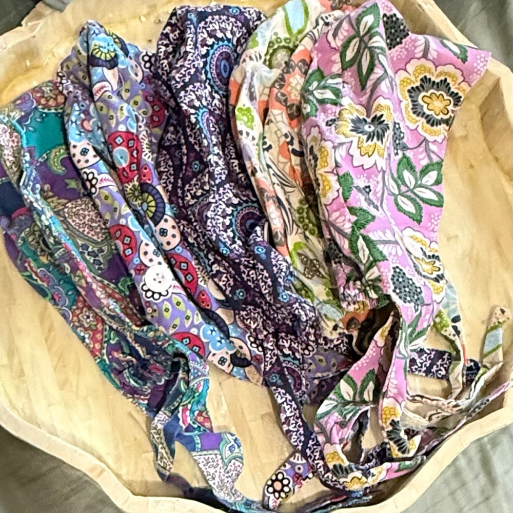 5 Patterned scrub caps with side buttons for mask.